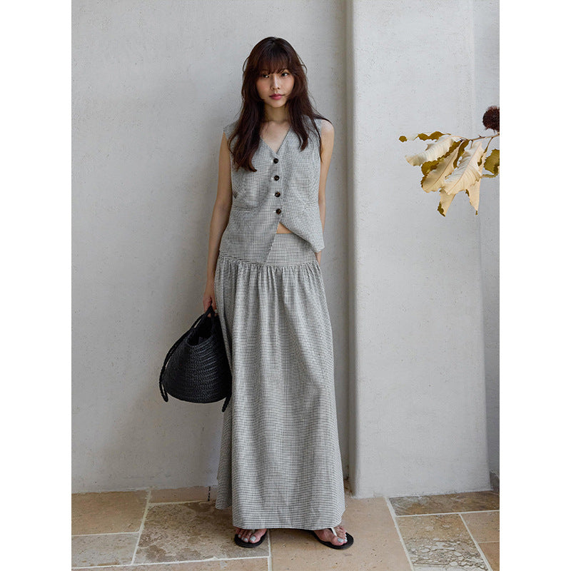 Tencel linen plaid pendulum covering meat and showing thin skirt