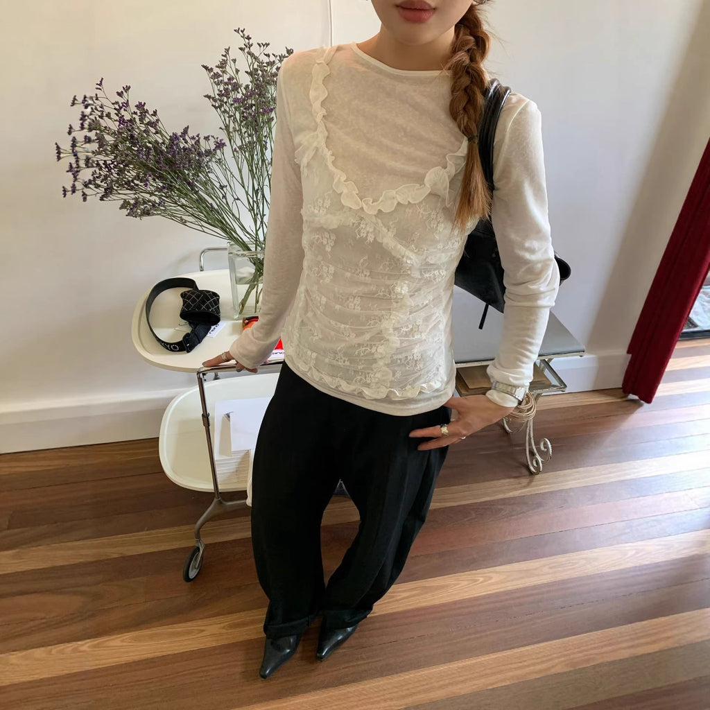 French Fake Two-Piece Lace Splicing Crew Neck Long Sleeve Shirt