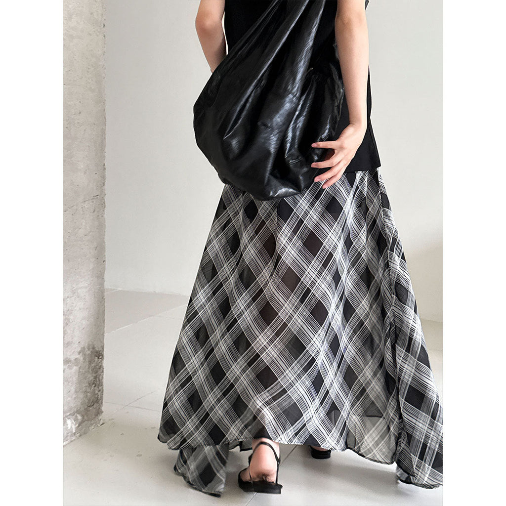 Korean simple plaid A-word skirt women's summer new tulle drape irregular skirt
