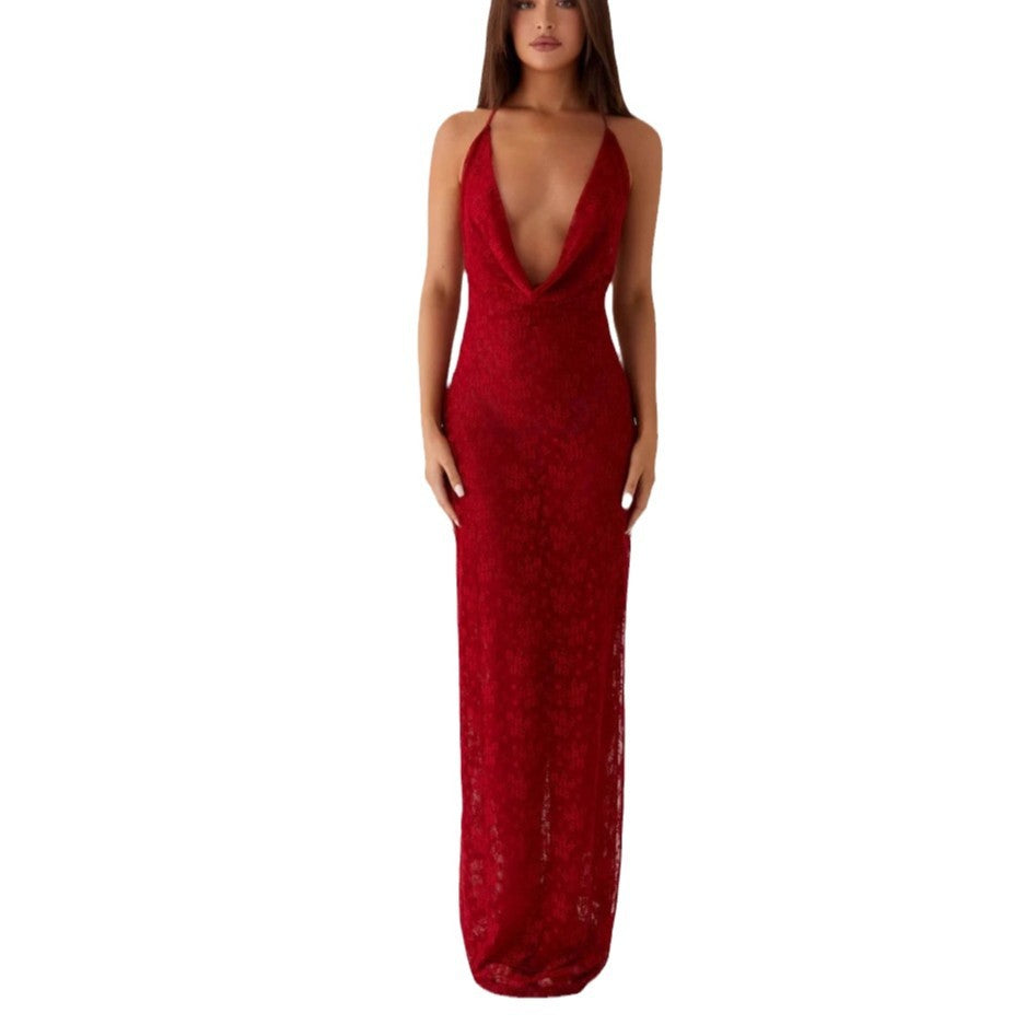Women's new fashion lace lace-up long dress big halter sexy hottie suspender dress