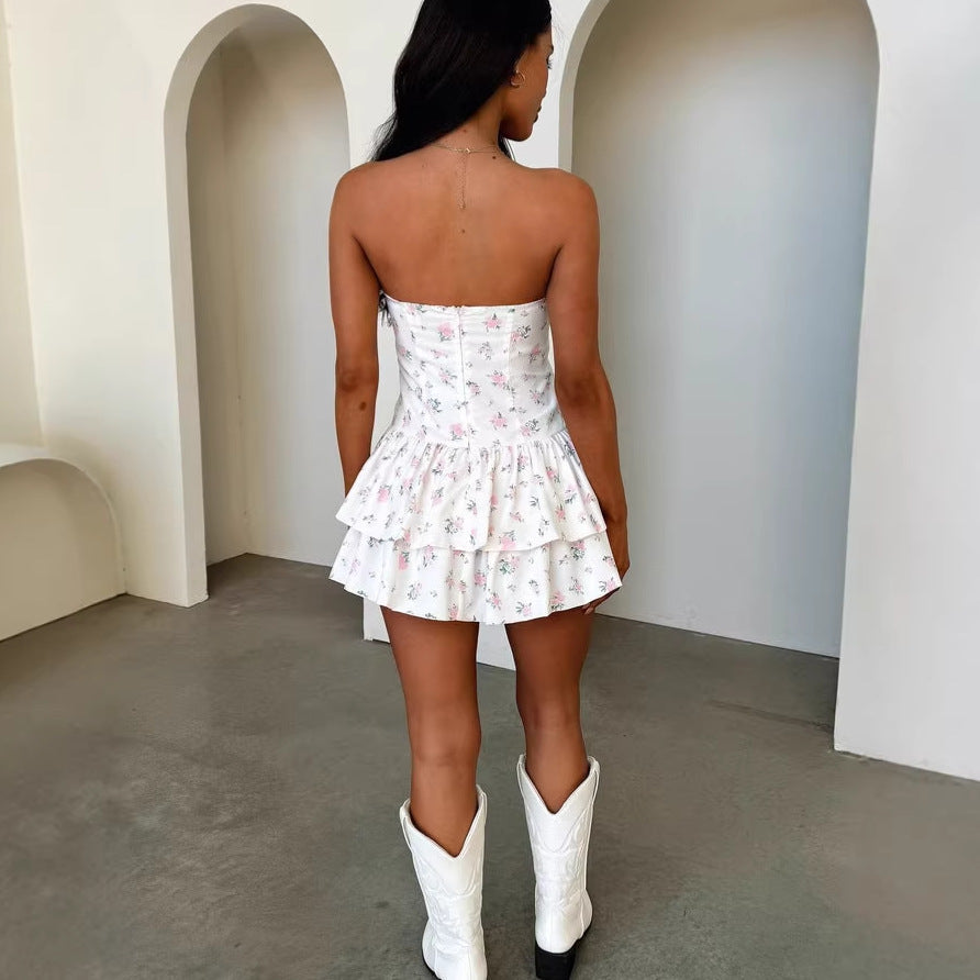 Spice girl sexy print tube top short skirt slim-fit halter holiday floral dress