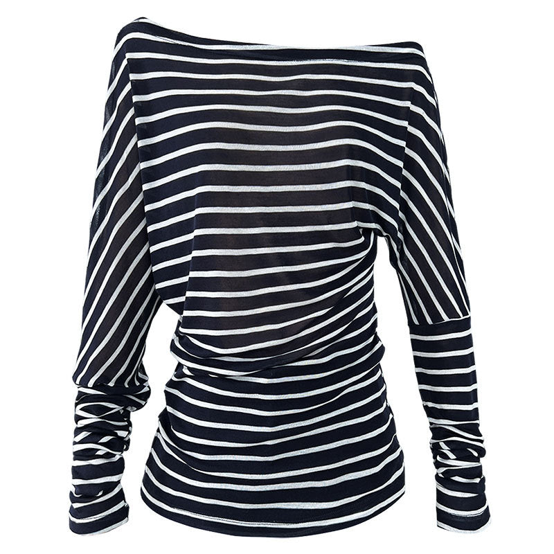 French Minimalist Pinstriped Irregular Slant Shoulder Waist Skinny Top Women's Tencel Long Sleeve T-Shirt