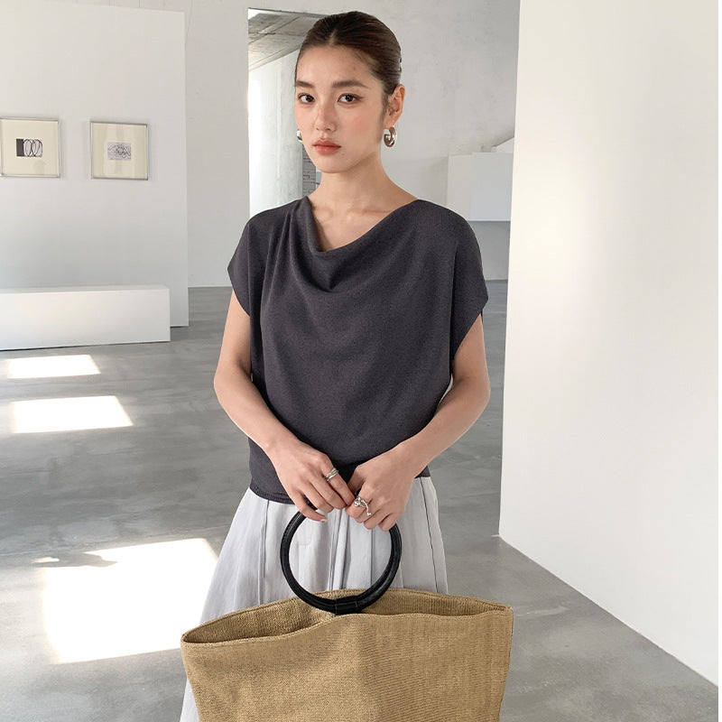 French high-end swing collar knitted shirt spring and summer niche waist ice silk off-the-shoulder top