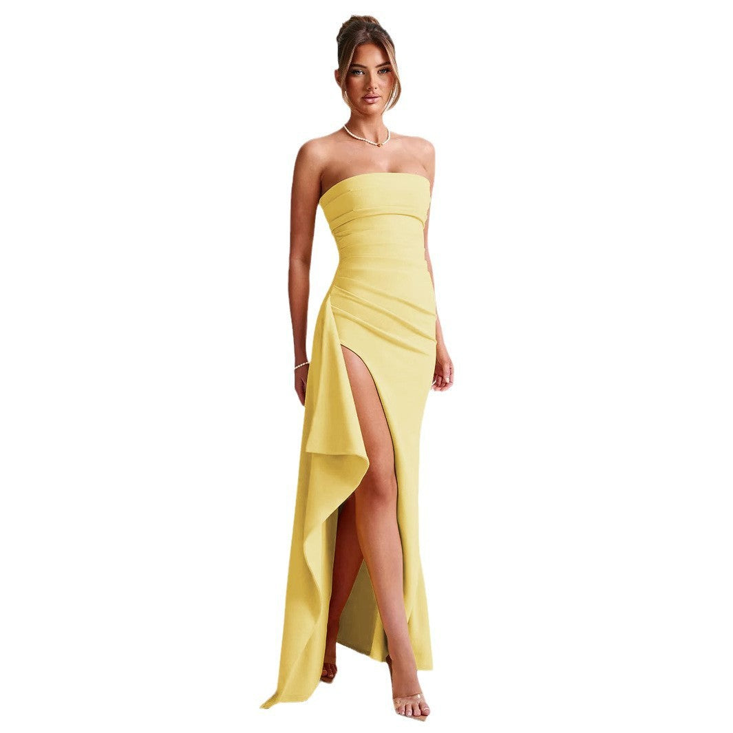 New tube top dress spring and summer sexy side split hip skirt evening dress