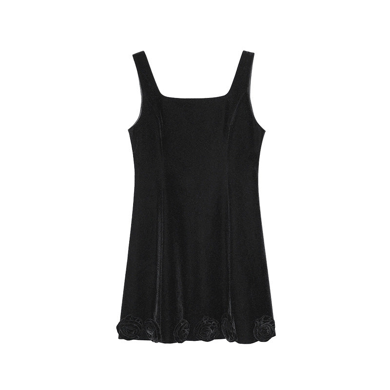 Temperament Velvet Skinny Square Neck Strap Dress