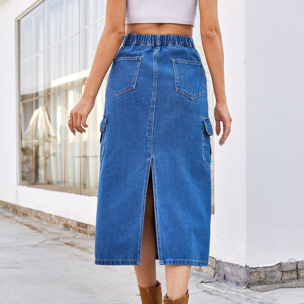 Cargo Denim Midi Skirt