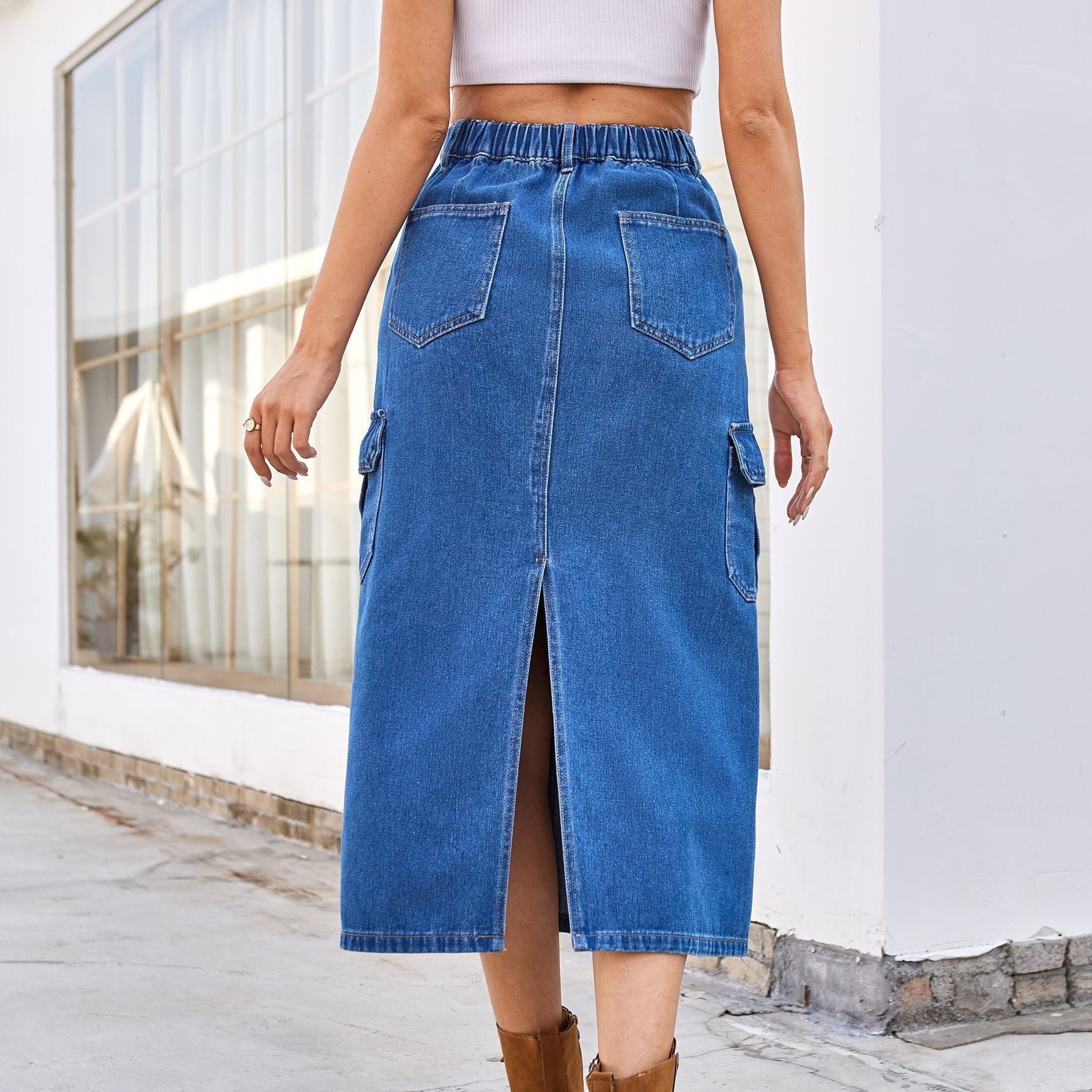 Cargo Denim Midi Skirt