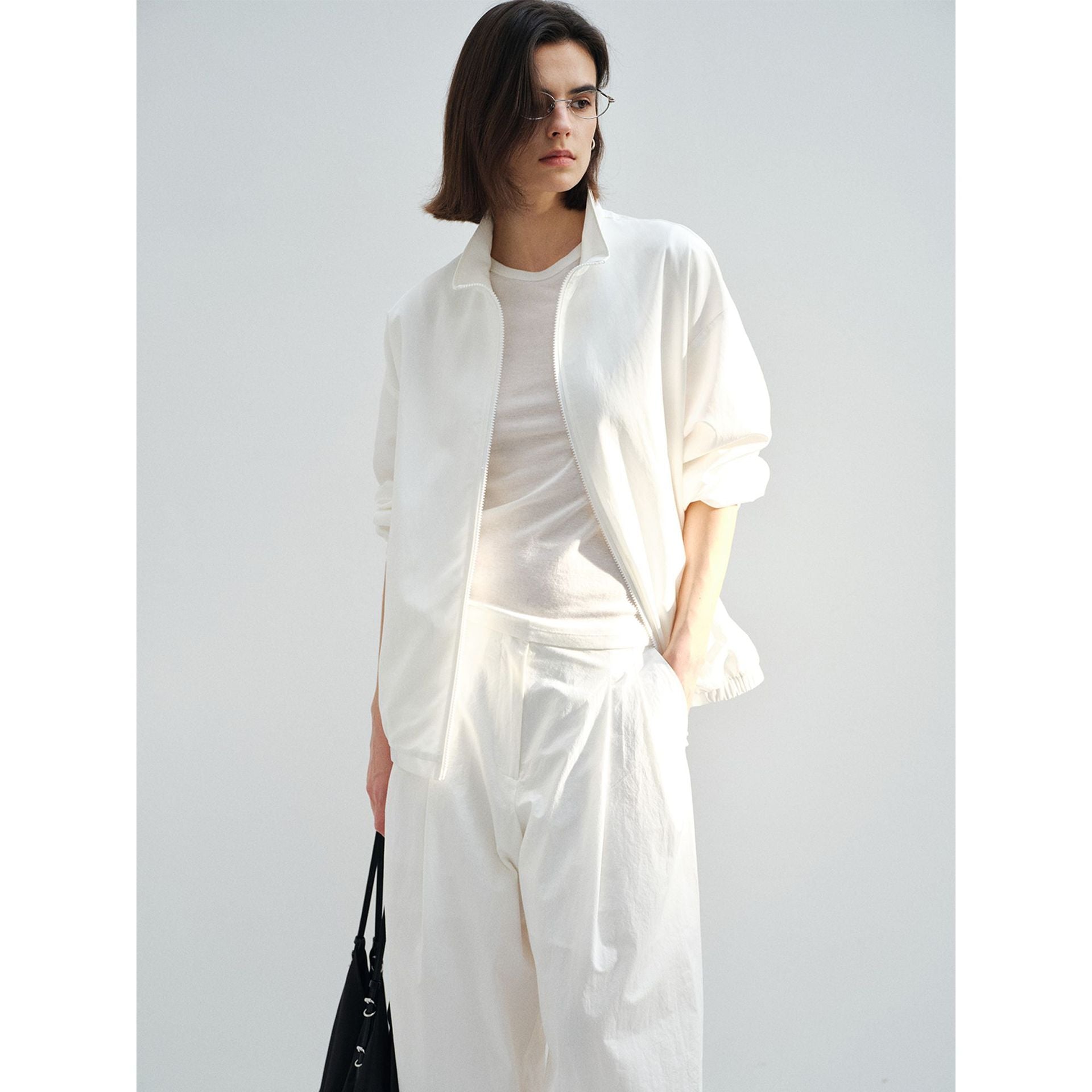 Spring solid color minimalist silk wool stand-up collar lazy slack jacket