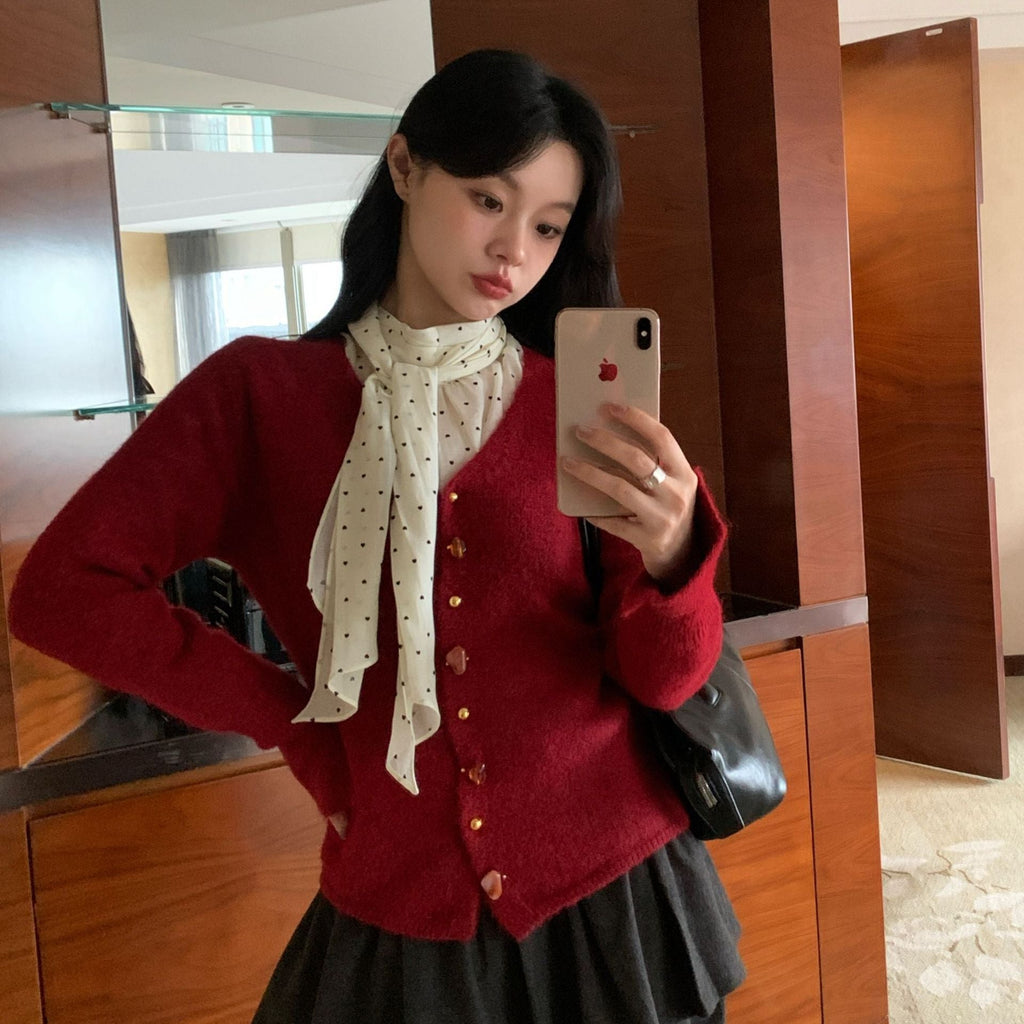 Gentle color button knitted sweater slim V-neck cardigan sweater