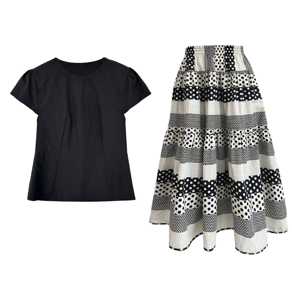 Korean simple flying sleeve top summer new polka dot contrasting color splicing skirt set