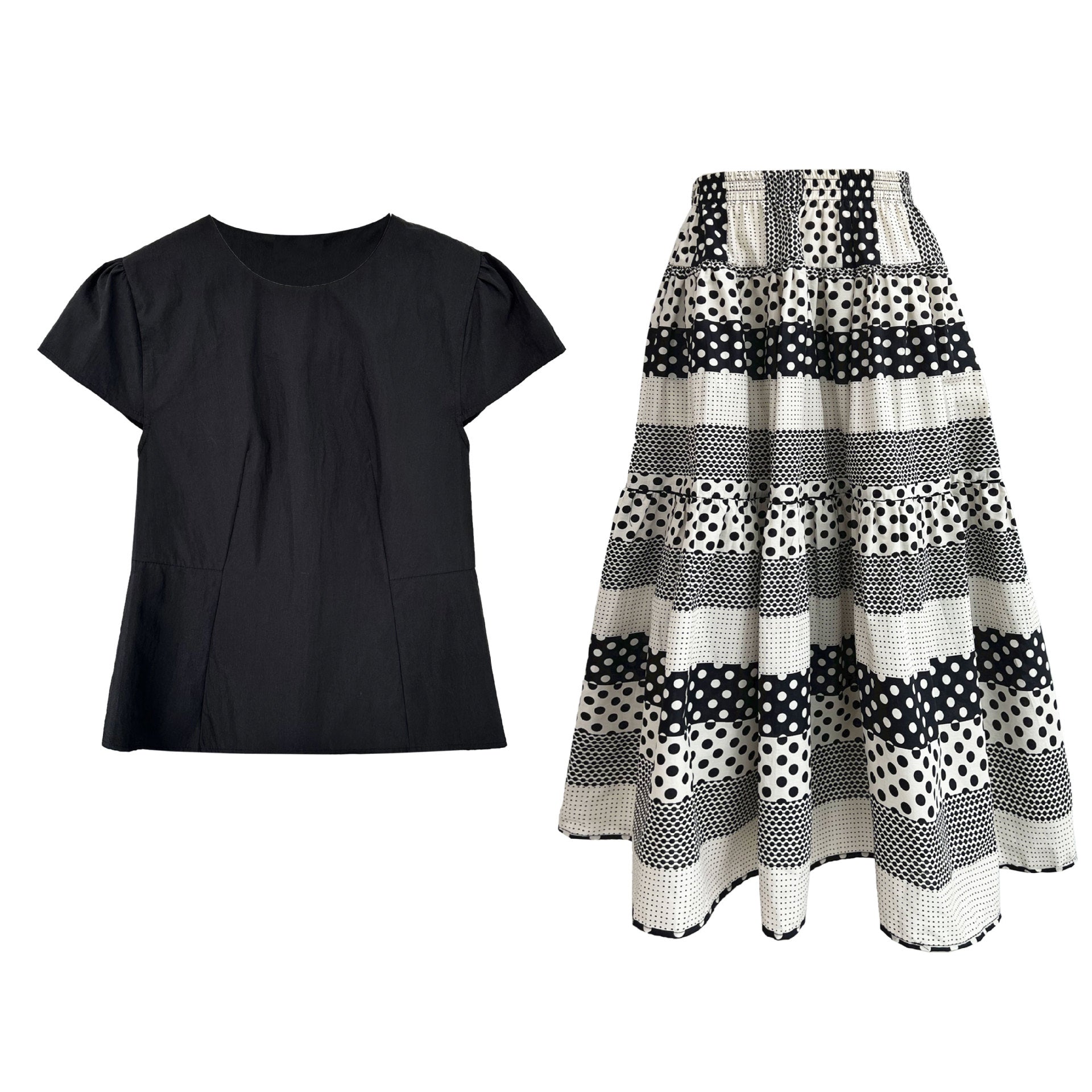 Korean simple flying sleeve top summer new polka dot contrasting color splicing skirt set
