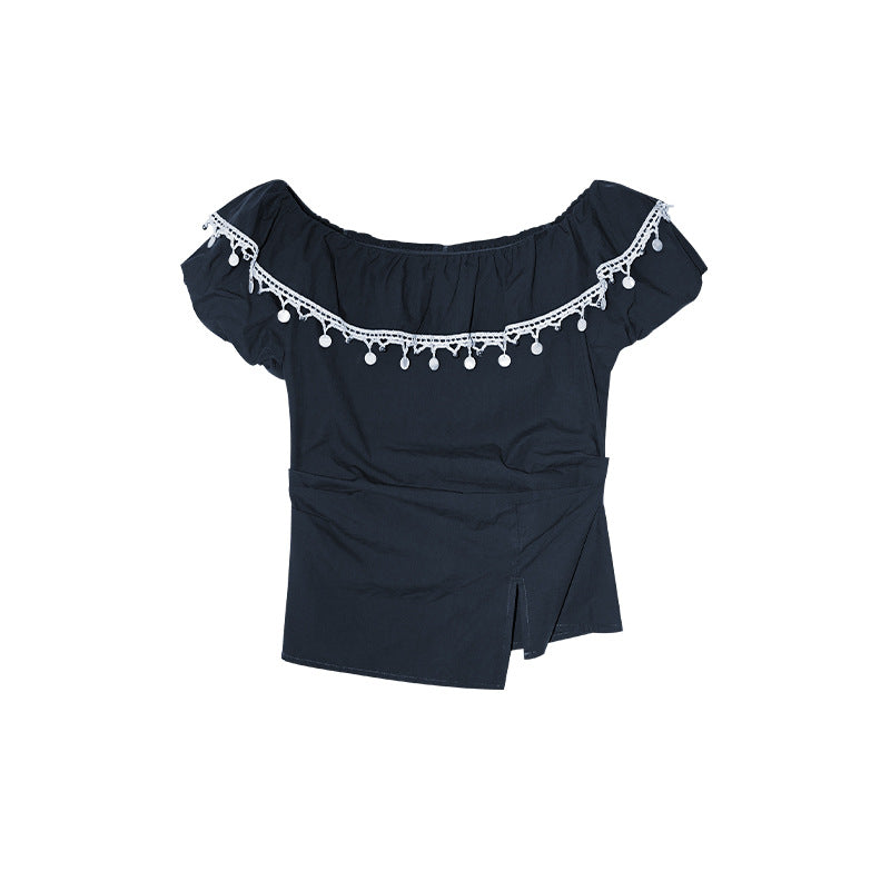 Off-Shoulder Ruffle Trim Bubble Sleeve Cotton Top