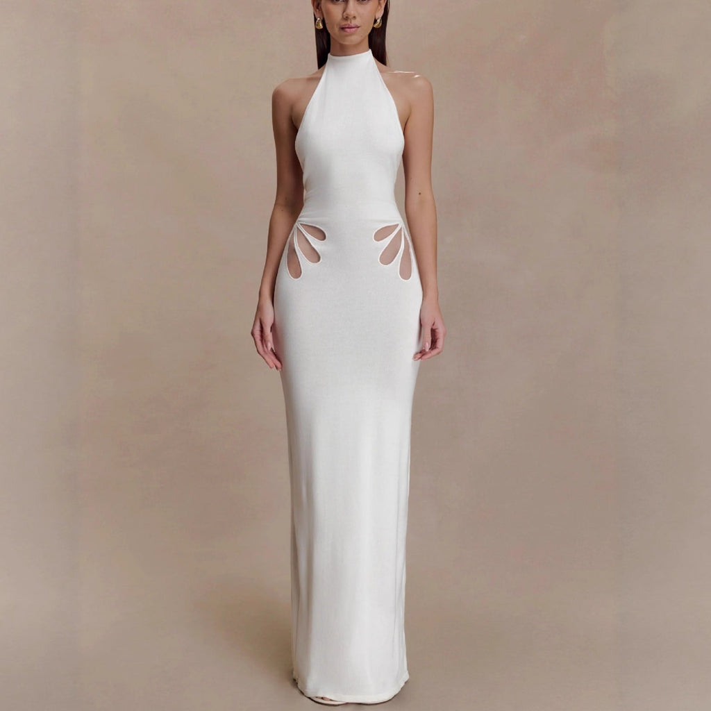 Sexy slim-fit hollowed-out neck-hanging knitted hip-wrapped skirt backless vacation dress