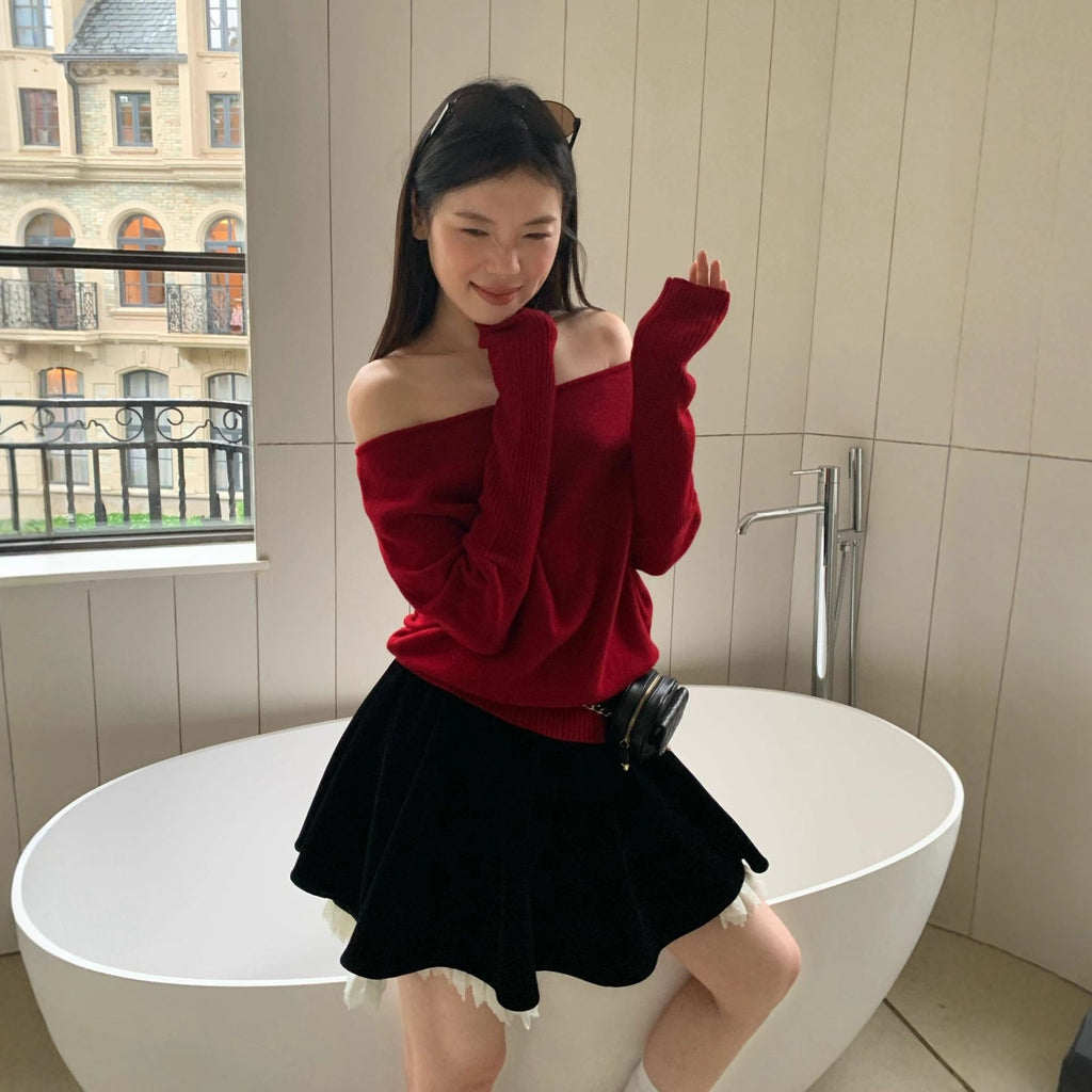 Multi-color all-wool pit strip long-sleeved slanted shoulder two-wear pullover sweater