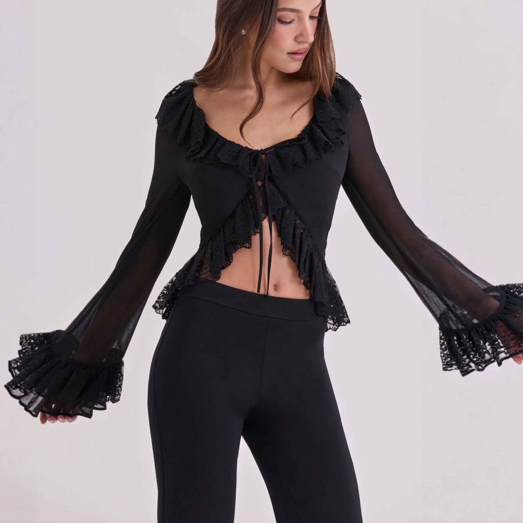 Wind fashion ruffled chiffon top slim fit with lace-up sexy see-through flared sleeve cardigan
