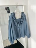 Deep V-neck handmade double-layer lotus leaf edge Tencel ramie shirt