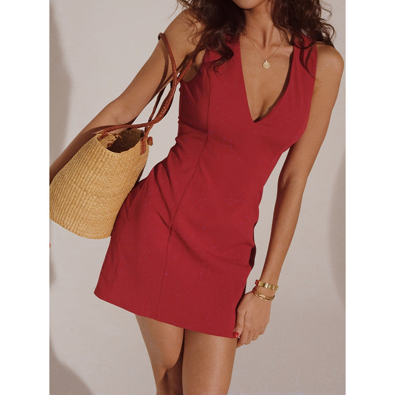 Textured v-neck sleeveless short women's dress