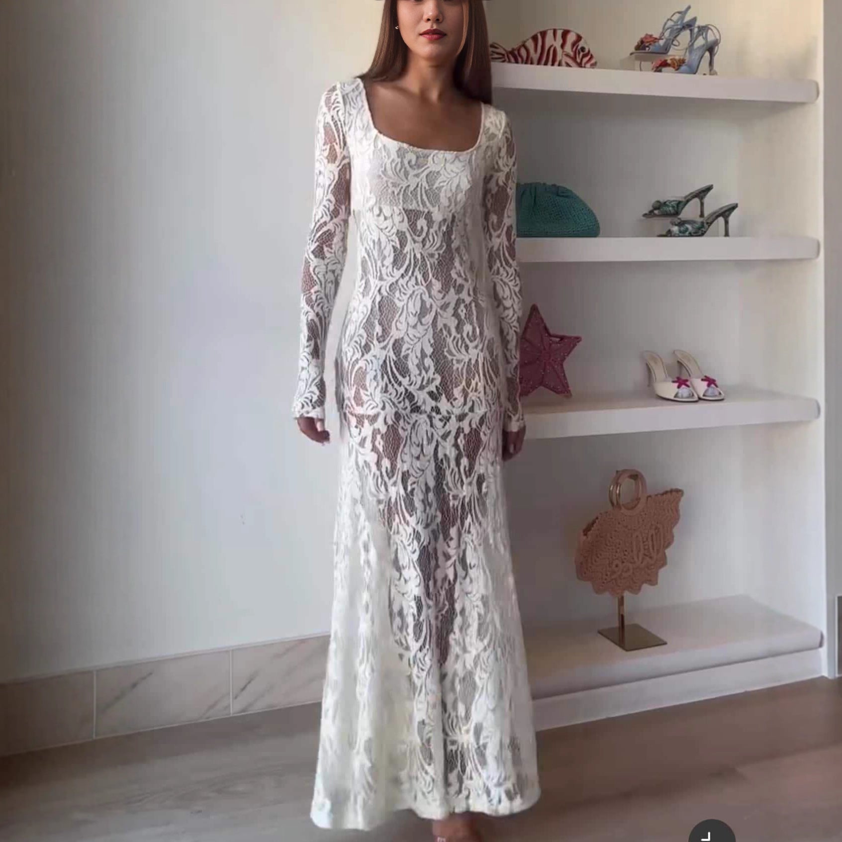 Openwork lace see-through long sleeve hottie sexy dress