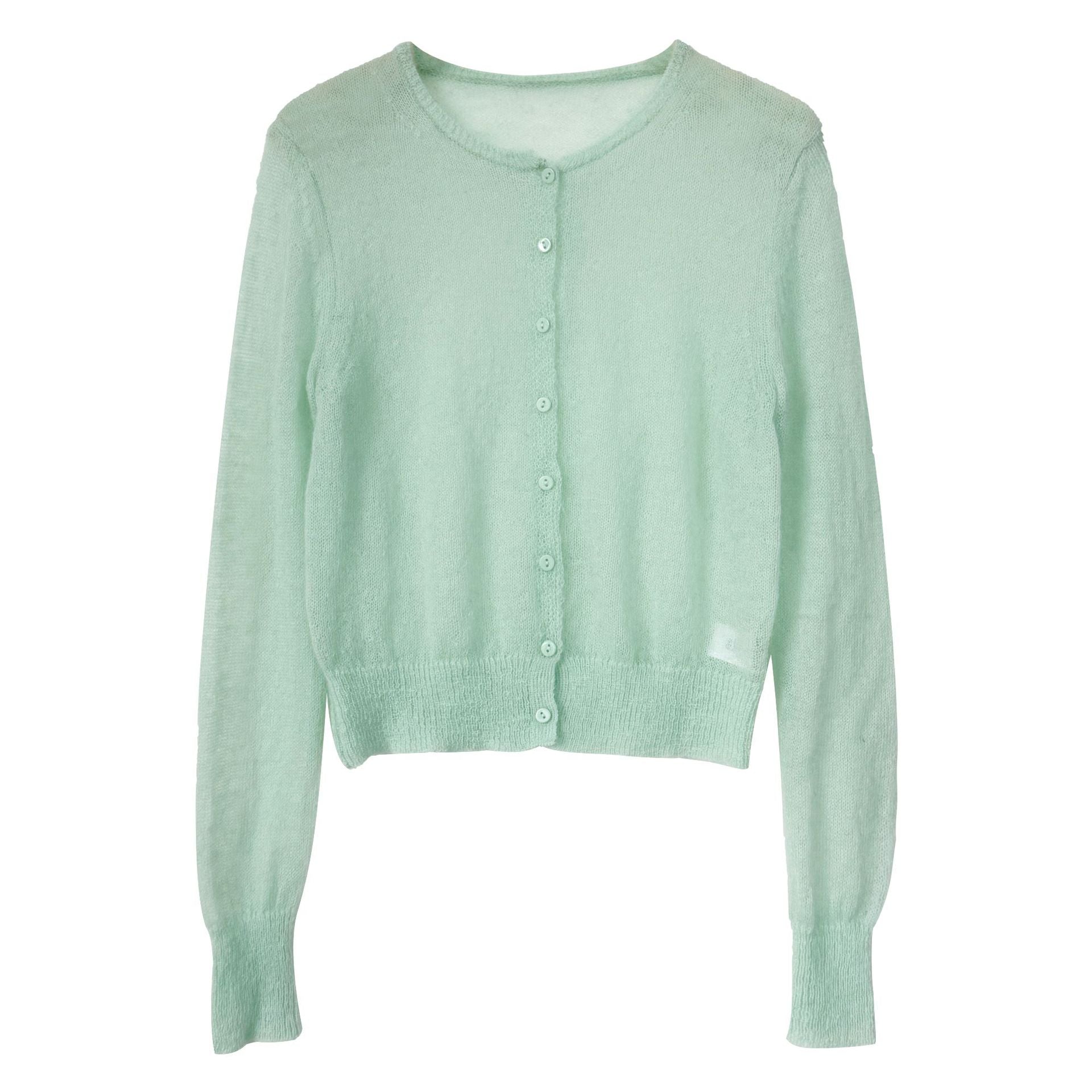Early spring new mohair knitted cardigan women's thin slightly transparent gentle soft waxy outer coat