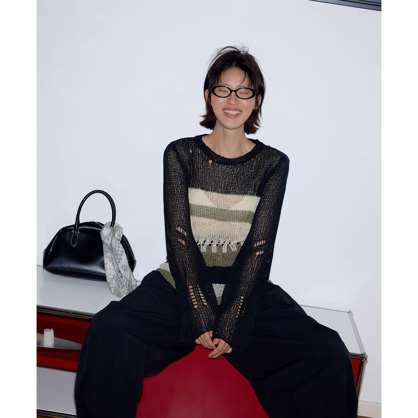 Contrasting color hollow sunscreen knitted sweater literary loose stacking top