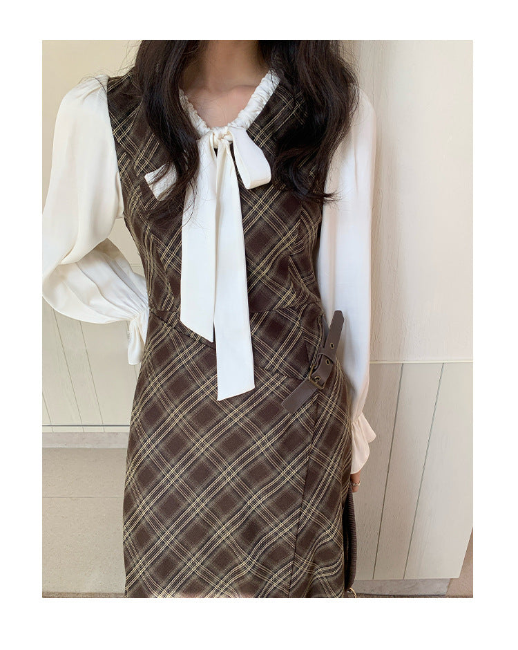 Temperament plaid leather buckle strap fake two-piece dress