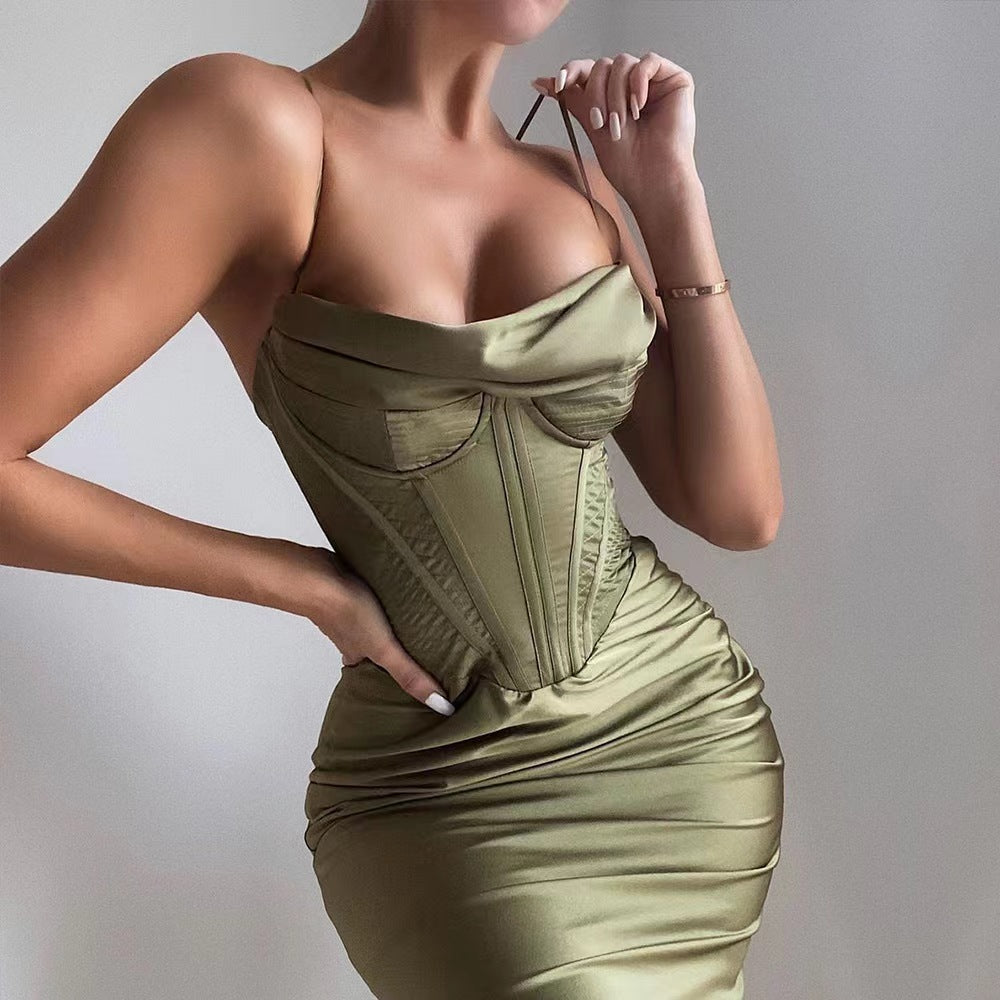 Sexy women's dress, sexy heap collar satin fishbone pleated suspender dress