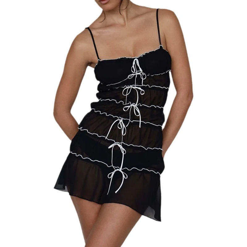 Niche temperament French celebrity style short skirt pleated lace-up waist suspender dress