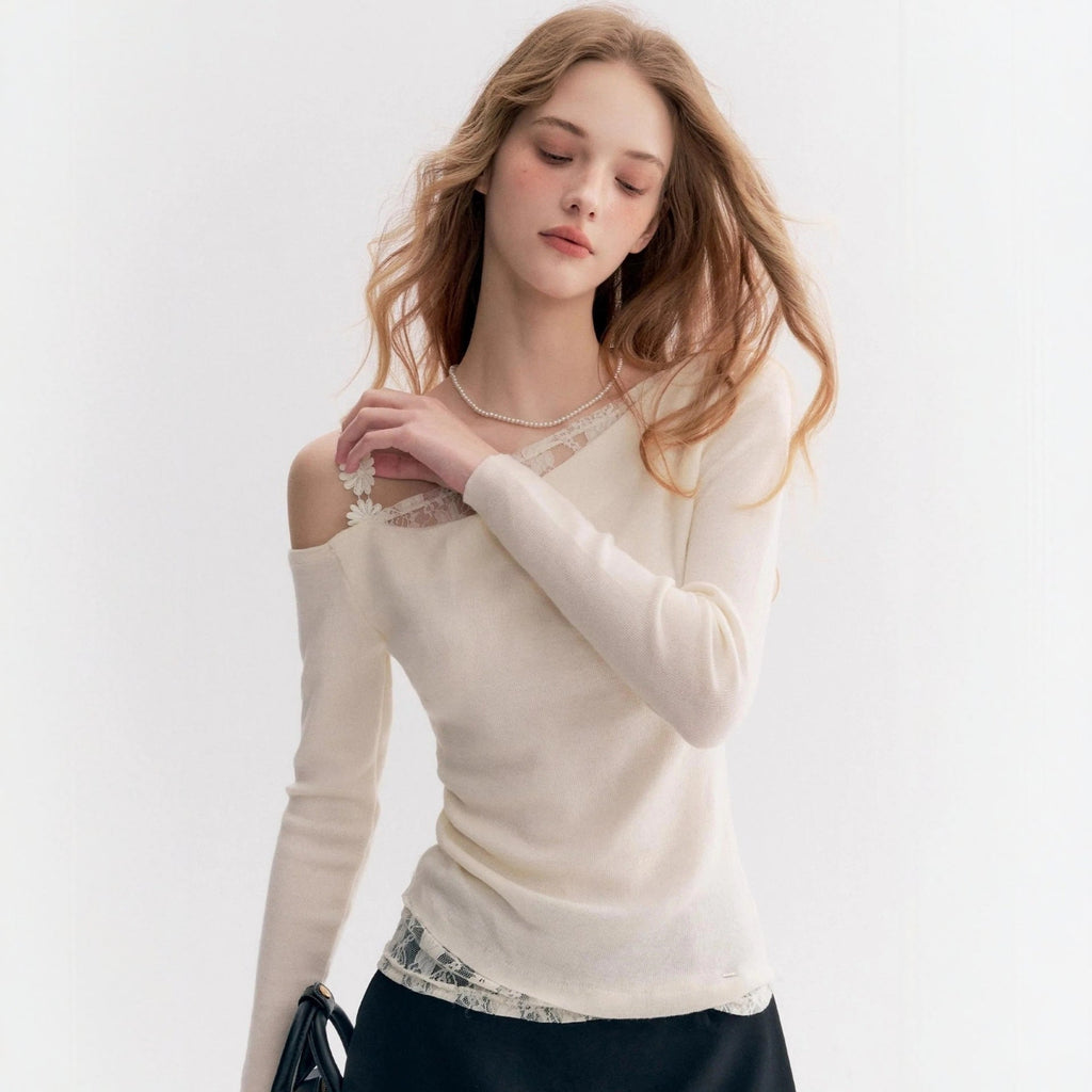 Fashion lace slanted shoulder bottoming shirt T-shirt