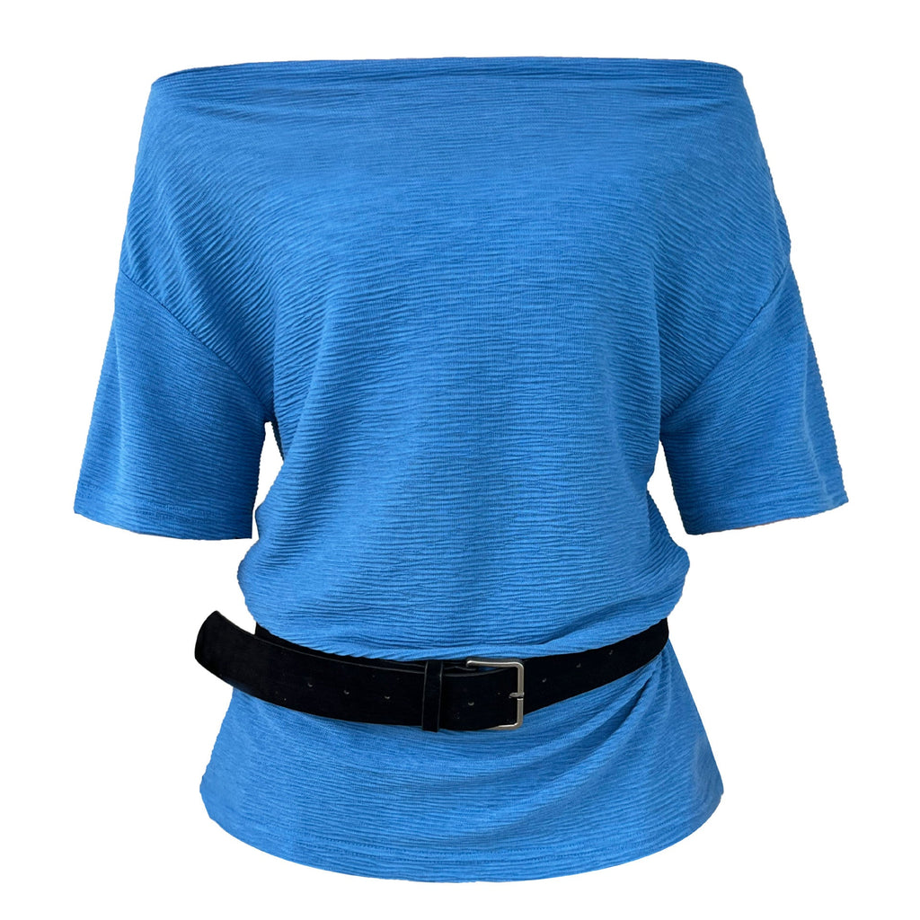 Korean high-end sense one-word shoulder exposed collarbone short-sleeved summer new with belt and thin T-shirt