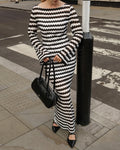 One-word neck split skirt slim-fitting wind striped long-sleeved knitted dress