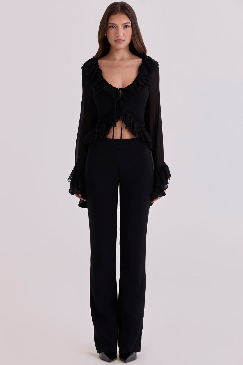 Wind fashion ruffled chiffon top slim fit with lace-up sexy see-through flared sleeve cardigan