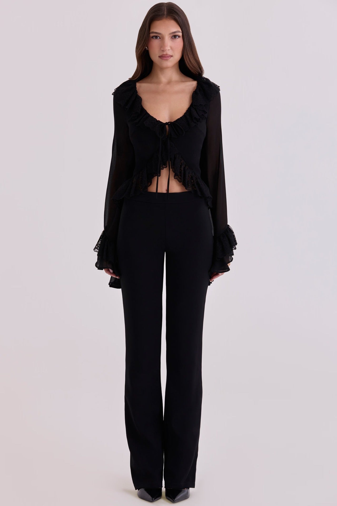Wind fashion ruffled chiffon top slim fit with lace-up sexy see-through flared sleeve cardigan