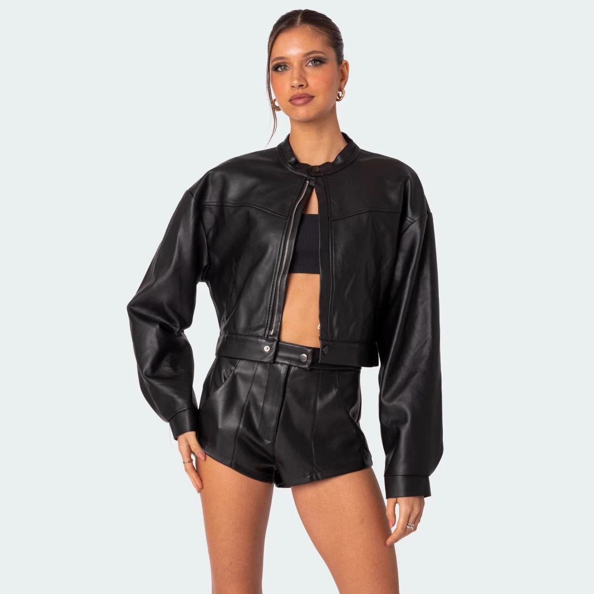 hot girl street style top wind motorcycle leather jacket hip cover shorts suit
