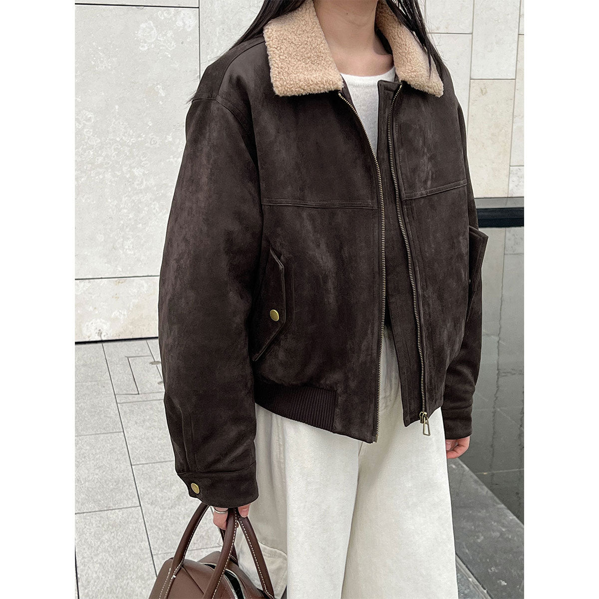 Vintage suede faux leather patchwork cropped jacket - women's winter warm cotton padded outerwear top 8556