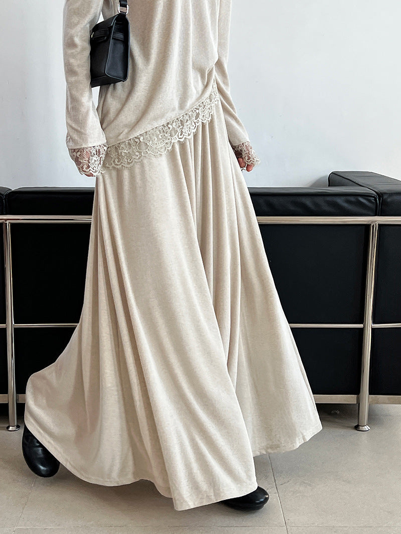 Giant Skinny Set~ Korean Lazy Slack Slant Hoop Lace Top + Skirt Two-piece Set