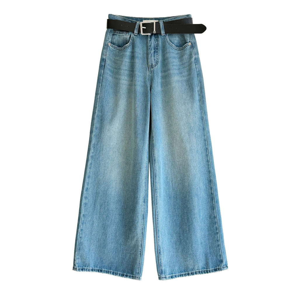 Spring retro light blue wide-leg straight with belt jeans women's design high-waisted trousers