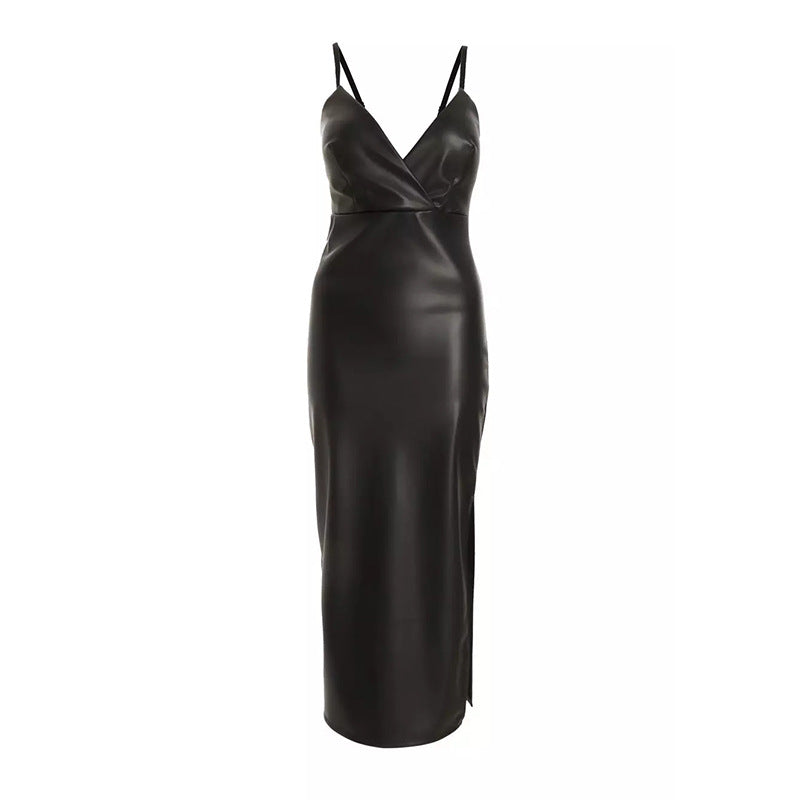Fashion leather skirt temperament elegant suspender hip skirt slim fit sexy backless split dress