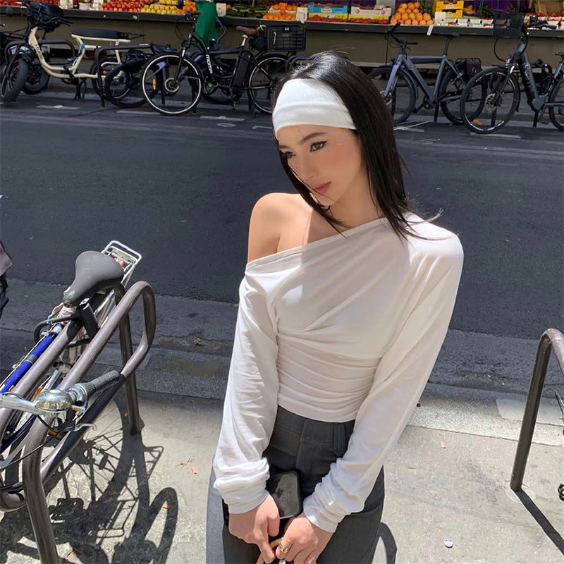 Diagonal Neck Off-Shoulder Long Sleeve Slim T-Shirt