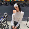 Diagonal Neck Off-Shoulder Long Sleeve Slim T-Shirt