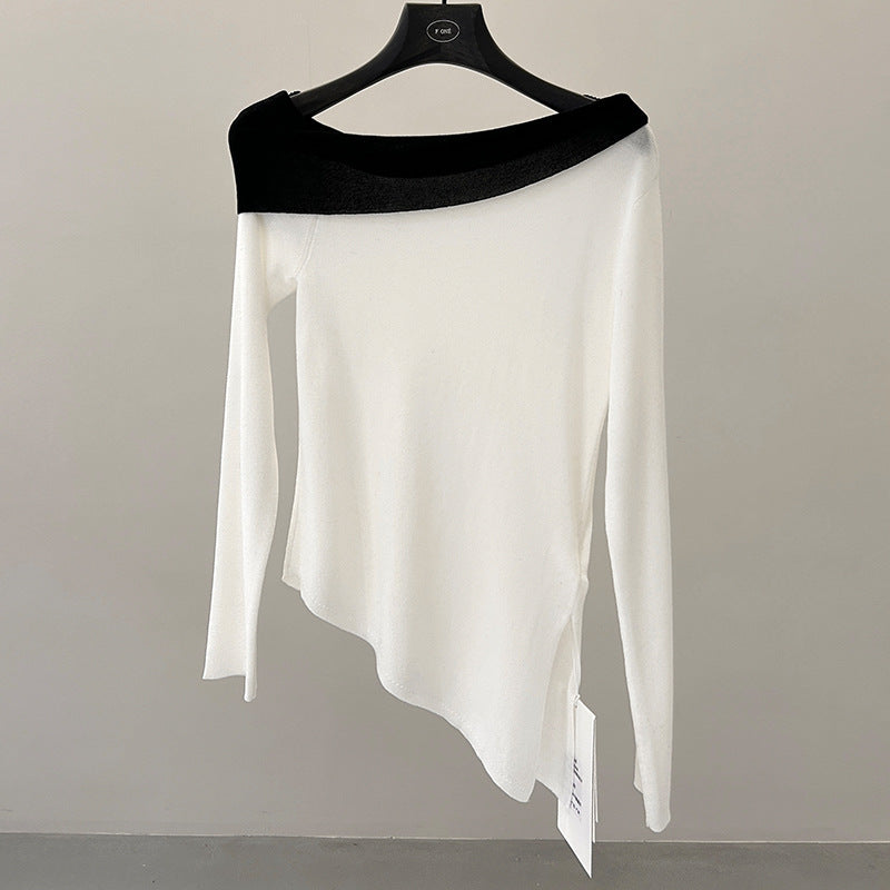 Design contrasting slanted shoulder knitted sweater spring irregular lyocell slim top
