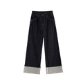 Foreign-style striped flanged mid-waist straight jeans