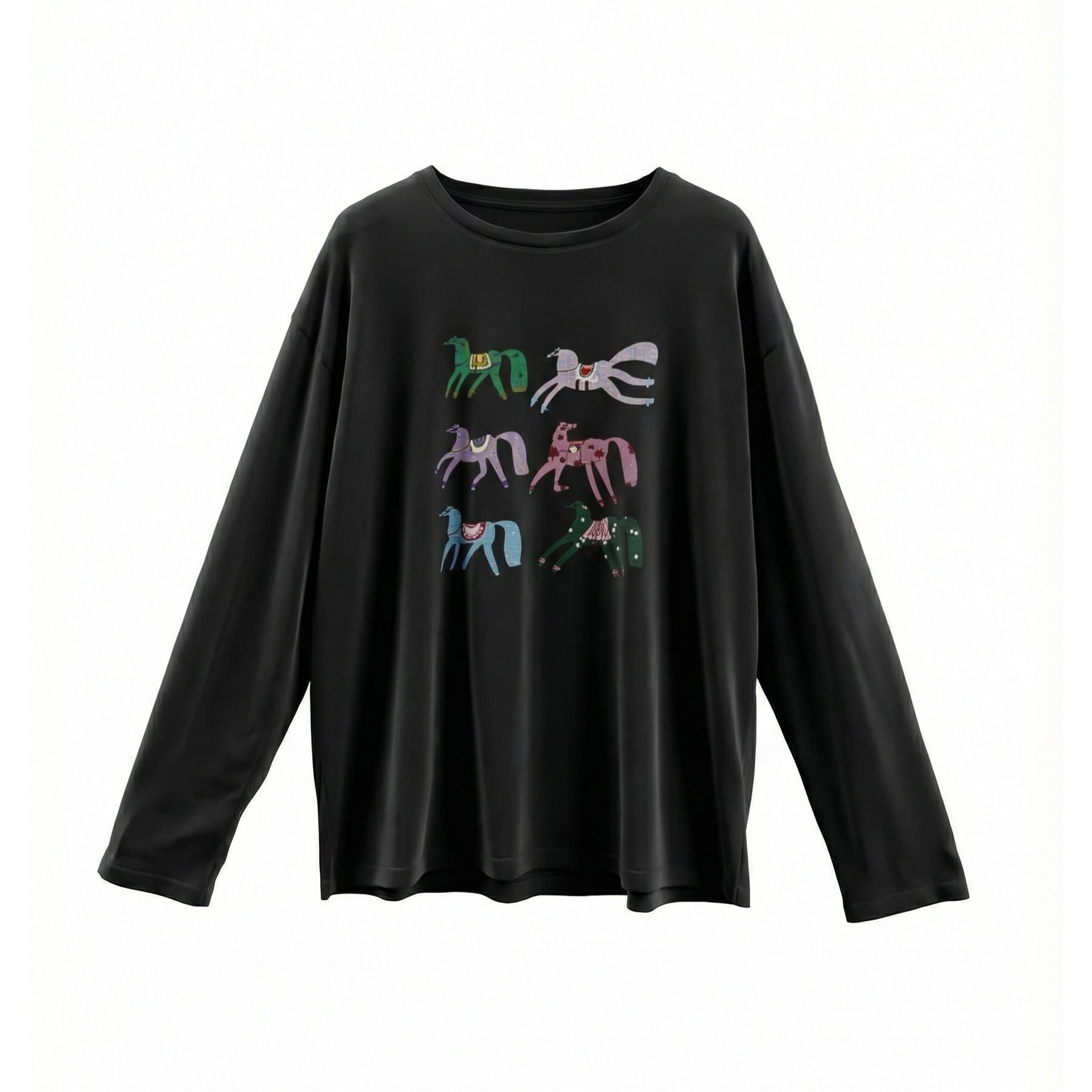 Flax mulberry silk pony print embroidered T-shirt