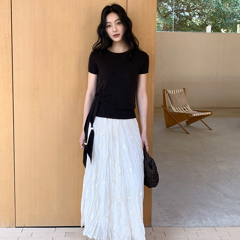 Pleated design embroidered skirt spring elastic waist thin A-shaped long skirt