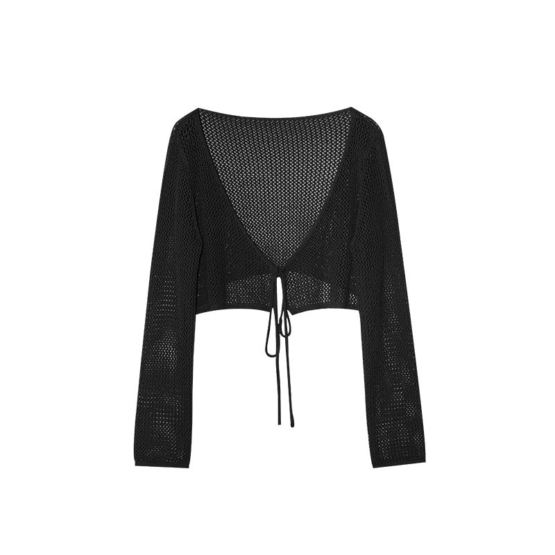 Thin skin-friendly and breathable outer lace-up hollow knitted sweater