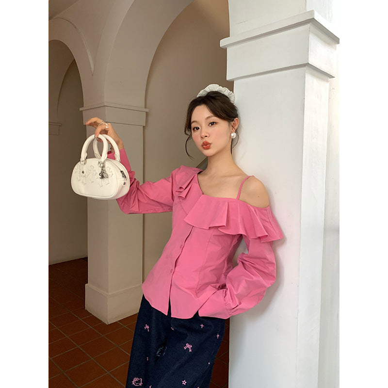 Temperament ruffle edge long-sleeved off-shoulder shirt