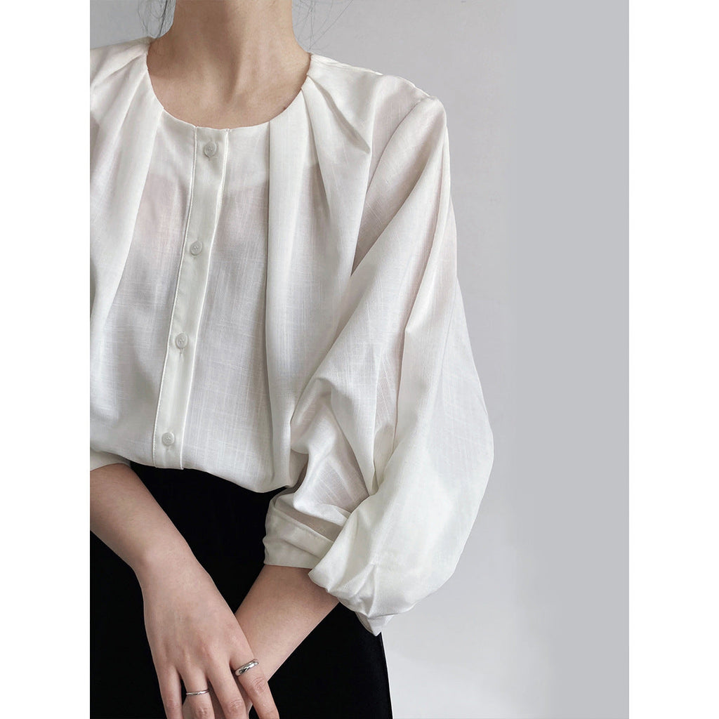 Cotton and linen texture lantern sleeve shirt