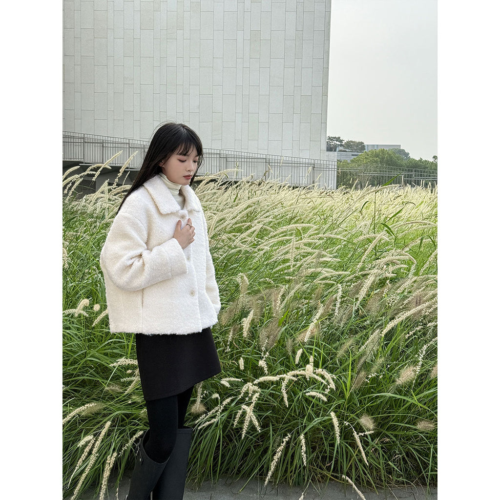 Niche design sense lamb wool lapel jacket women's winter new single-breasted short thermal top