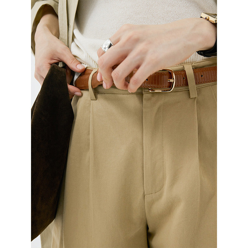 High-waisted straight-leg meat-covering and thin casual pants with belt