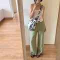 Japanese design sense niche thin casual linen striped nine-point elastic wide-leg pants children's summer new