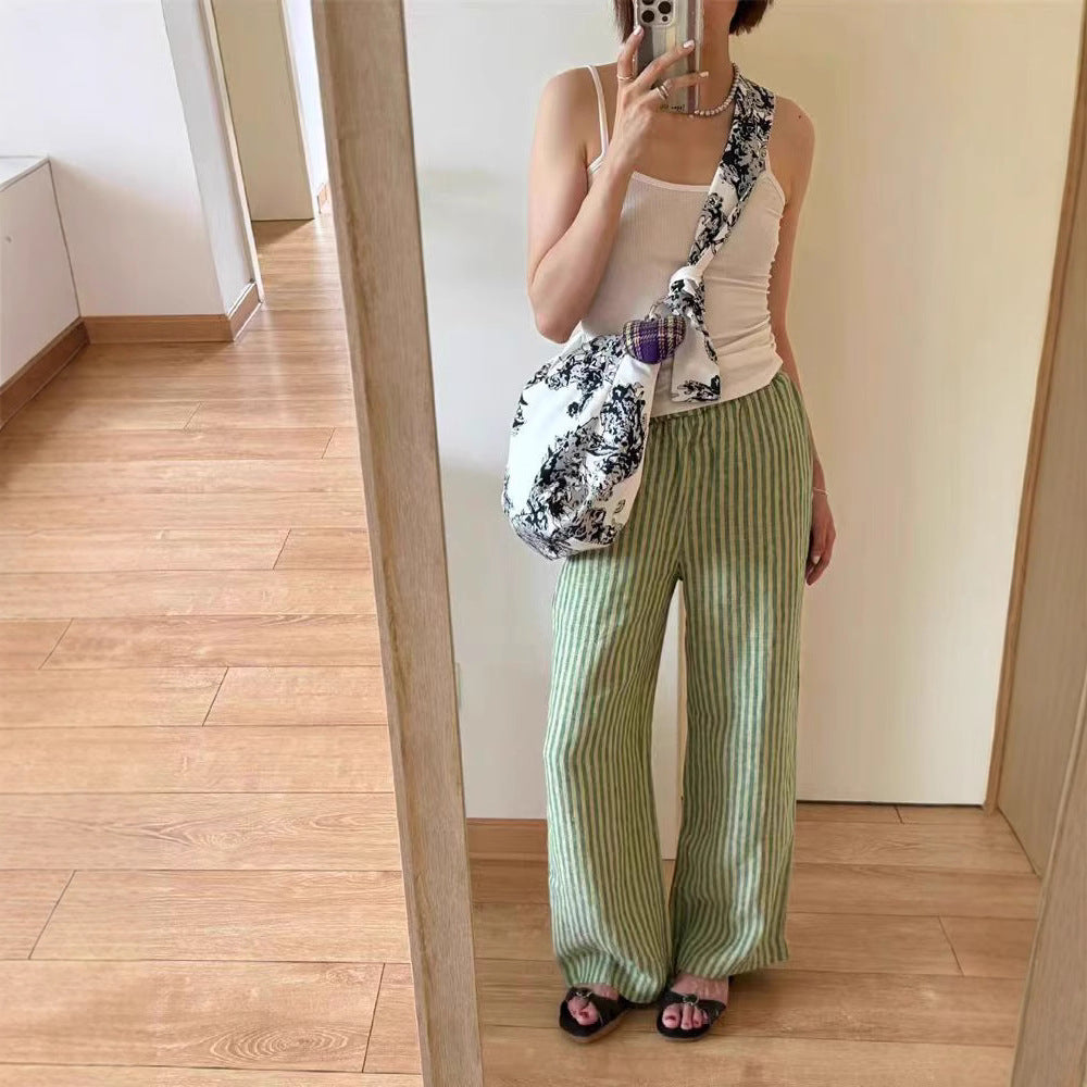 Japanese design sense niche thin casual linen striped nine-point elastic wide-leg pants children's summer new